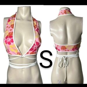 🆕Pink Hawaiian Flower Print Halter Wrap Tie Top~Size S